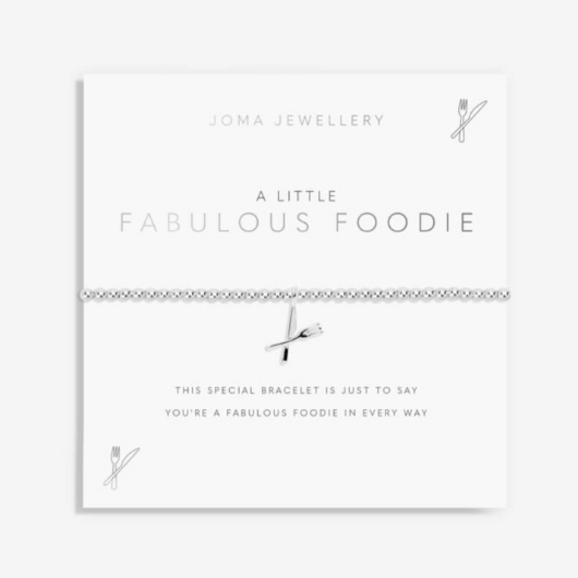 Joma Jewellery A Little Fabulous Foodie silver-plated bracelet with foodie charm on sentiment card.