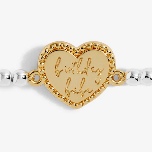 Joma Jewellery A Little Birthday Babe bracelet with gold-plated engraved charm on sentiment card.