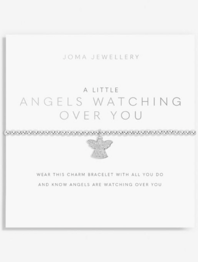 Joma Jewellery A Little Angels Watching Over You silver-plated bracelet with angel charm on sentiment card.