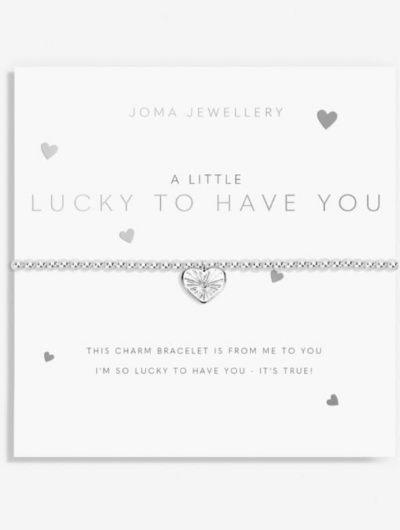Joma Jewellery A Little Lucky To Have You silver-plated bracelet with sparkling charm on sentiment card.