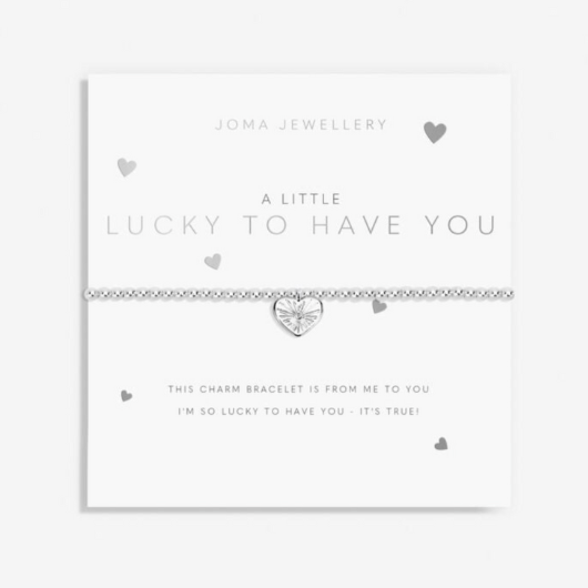 Joma Jewellery A Little Lucky To Have You silver-plated bracelet with sparkling charm on sentiment card.