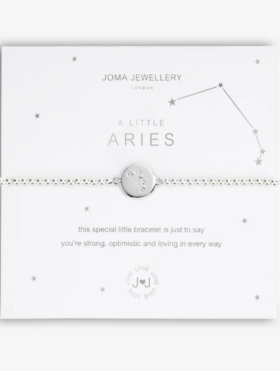 Joma Jewellery A Little Aries silver-plated bracelet with CZ constellation charm on sentiment card.