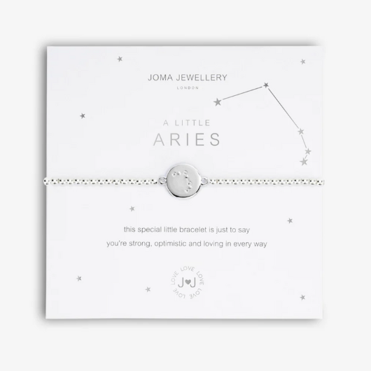 Joma Jewellery A Little Aries silver-plated bracelet with CZ constellation charm on sentiment card.