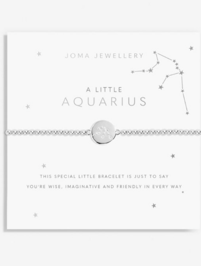 Joma Jewellery A Little Aquarius silver-plated bracelet with CZ star sign charm on sentiment card.