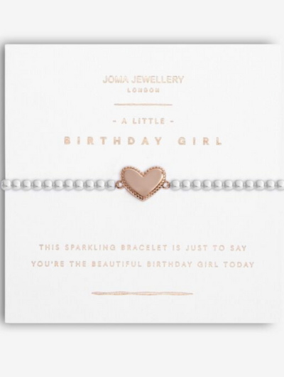 Radiance A Little Birthday Girl bracelet with rose gold charm and silver beads on sentiment card.
