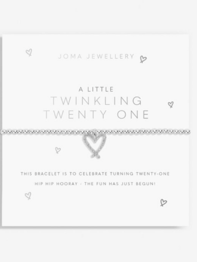 Joma Jewellery A Little Twinkling Twenty One bracelet with silver-plated heart charm on sentiment card.