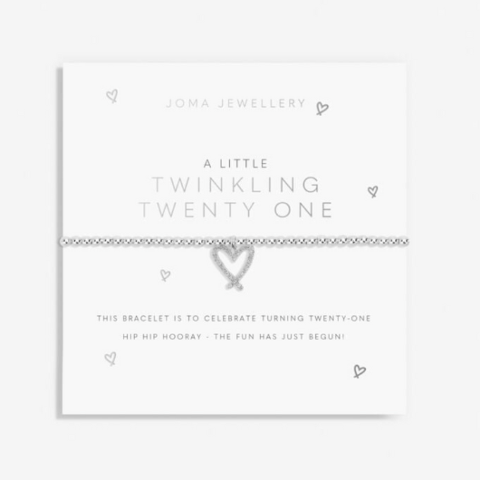 Joma Jewellery A Little Twinkling Twenty One bracelet with silver-plated heart charm on sentiment card.