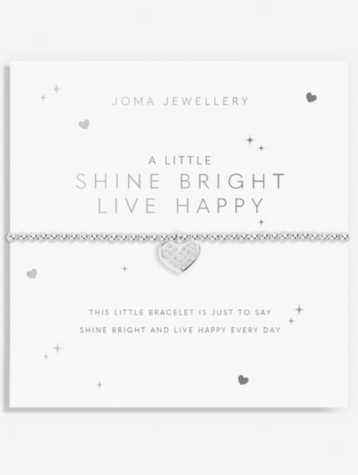Silver-plated Shine Bright Live Happy bracelet displayed with shimmering charm and poem.
