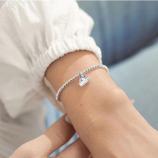 A Little Happiest Of Birthdays bracelet with silver-plated birthday cake charm on sentiment card.