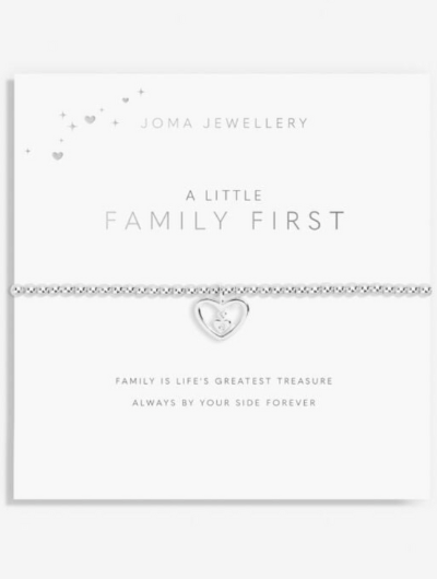 A Little Family First bracelet with silver-plated double heart charm on sentiment card.