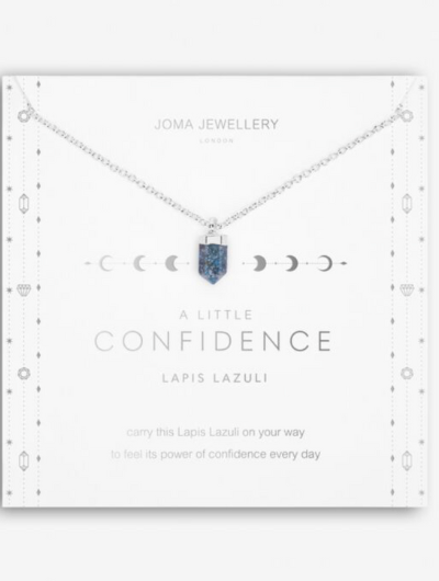Affirmation Crystal Confidence necklace with Lapis Lazuli pendant on sentiment card.