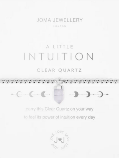 Affirmation Crystal Intuition bracelet with Clear Quartz pendant and silver beads on sentiment card.