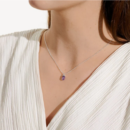 Joma Jewellery Amethyst protection necklace displayed with affirmation card and gemstone charm.