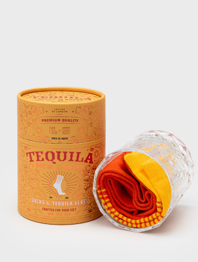 Tequila Socks on the Rocks gift set with cotton-rich socks and cut-glass tequila tumbler.