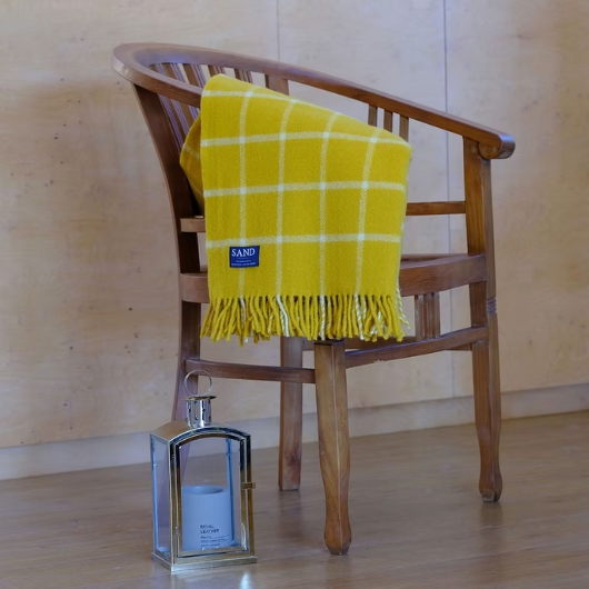 Sand Cornwall yellow chequered pure new wool blanket throw with tasselled edge in large size.