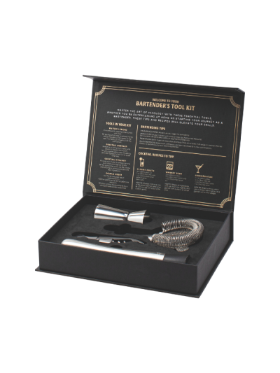 Gentlemen’s Hardware Bartender’s Kit with strainer, jigger, muddler and waiter’s friend.