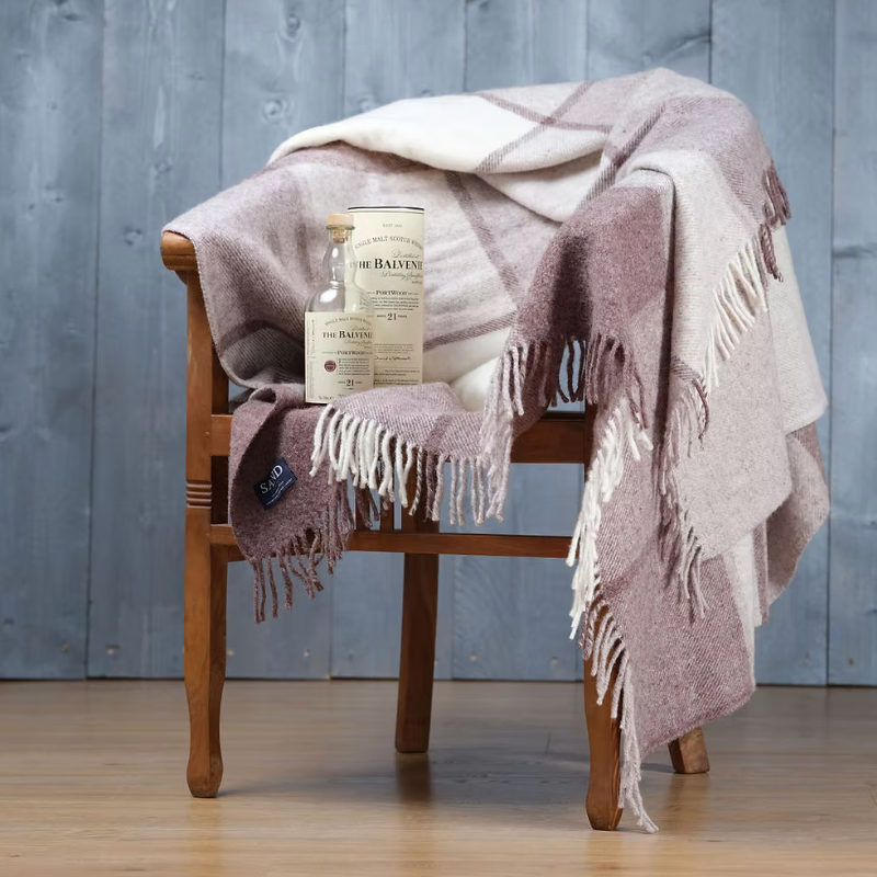 Sand Cornwall Jacob Block Check pure new wool blanket Throw in duck egg, charcoal and grey with tassels.