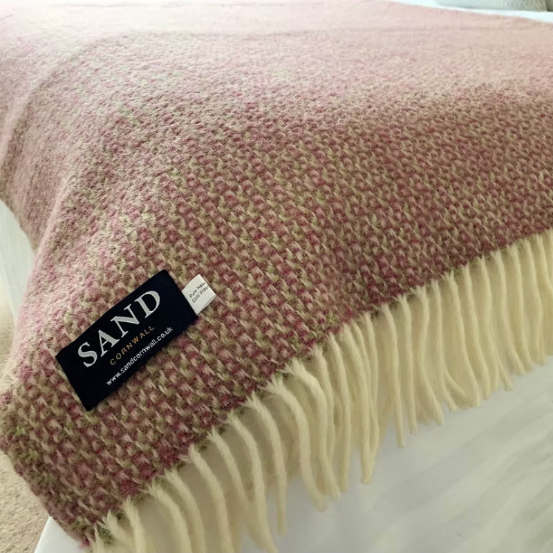 Sand Cornwall Raspberry Illusion 100% new wool blanket with cream tassels.