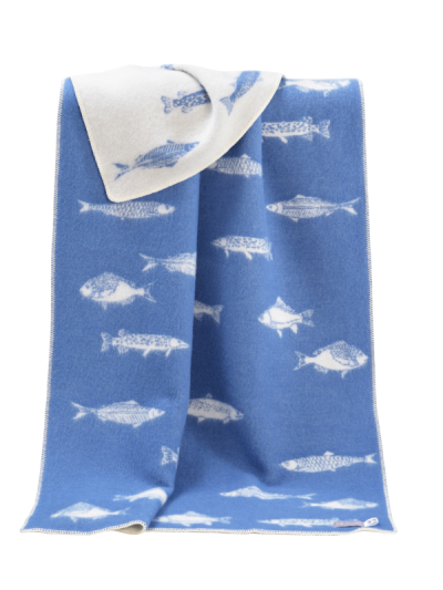 JJ Textiles Fish Wool Blanket with blue ocean design, reversible wool and cotton throw.