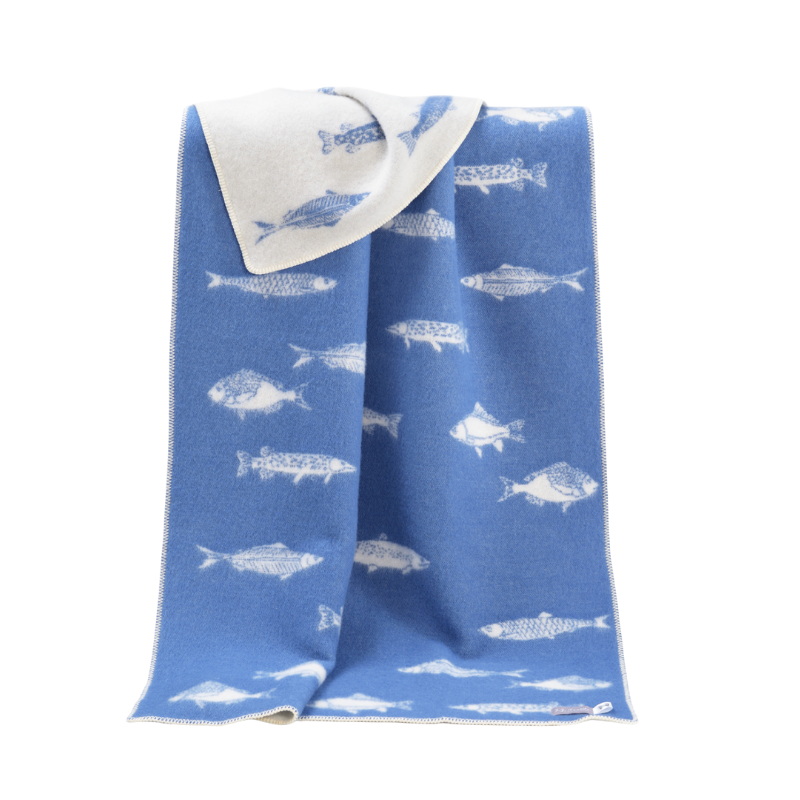 JJ Textiles Fish Wool Blanket with blue ocean design, reversible wool and cotton throw.