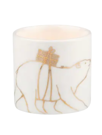 Räder Polar Bear tea light holder in porcelain, 4.5×4 cm, polar bear carrying a gift with gold detailing.
