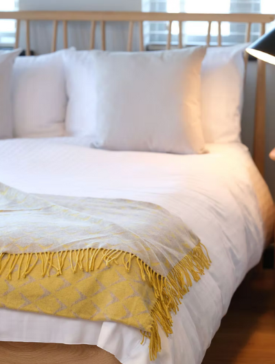 Coastal Break yellow merino wool blanket Throw with cream tassels, soft and luxurious