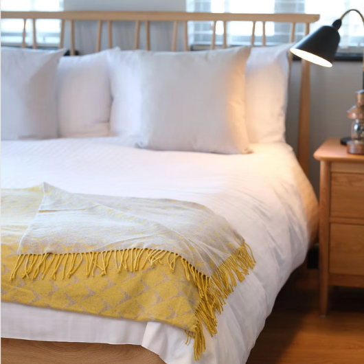 Coastal Break yellow merino wool blanket Throw with cream tassels, soft and luxurious