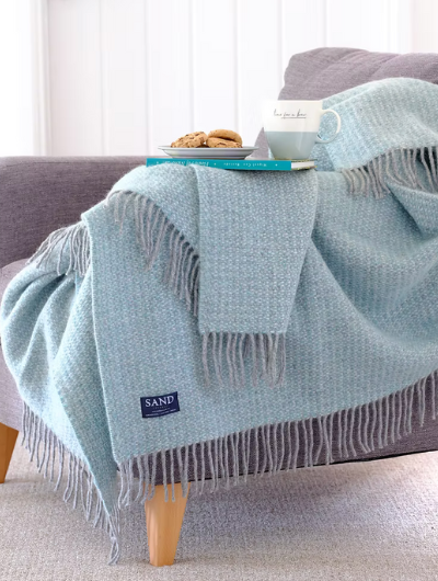 Spearmint and grey pure new wool blanket Throw with circular weave and cream tassels, Sand Cornwall