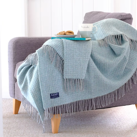 Spearmint and grey pure new wool blanket Throw with circular weave and cream tassels, Sand Cornwall