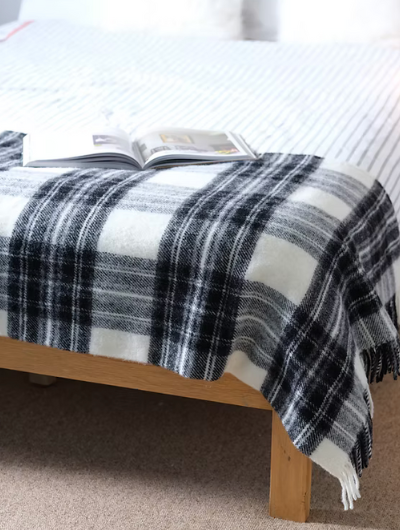 Grey Dress Stewart tartan wool blanket throw with matching tassels, Sand Cornwall