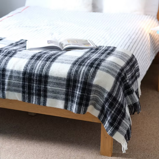 Grey Dress Stewart tartan wool blanket throw with matching tassels, Sand Cornwall