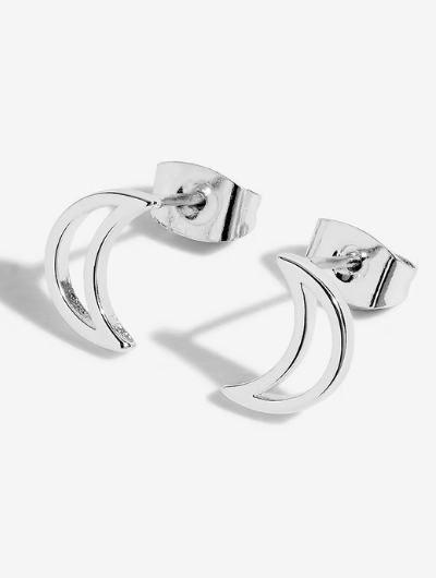 Close-up of Joma Jewellery silver-plated moon stud earrings symbolising eternal love.