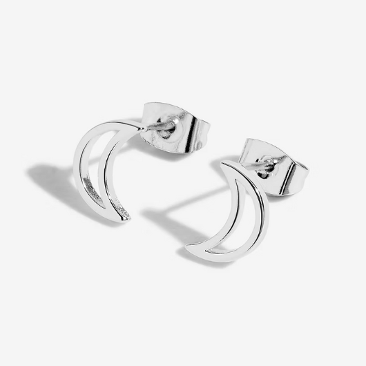 Close-up of Joma Jewellery silver-plated moon stud earrings symbolising eternal love.