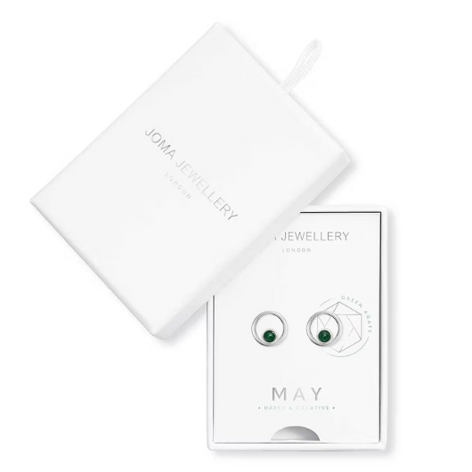 Joma Jewellery May Birthstone earrings presented in a white Treasure The Little Things gift box with silver and green agate halo studs.