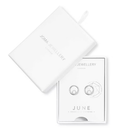 Joma Jewellery June Birthstone earrings presented in a white Treasure The Little Things gift box with silver and moonstone halo studs.