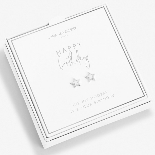 Joma Jewellery A Little Happy Birthday earrings presented in a white gift box with silver-plated stud design.