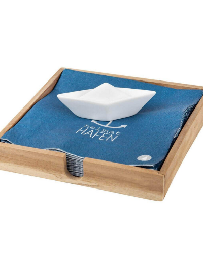 Acacia wood napkin holder with porcelain boat, 18×18 cm, nautical-style table accessory.