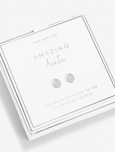 Joma Jewellery A Little Amazing Auntie earrings presented in a white Beautifully Boxed gift box with sparkling silver pavé studs.