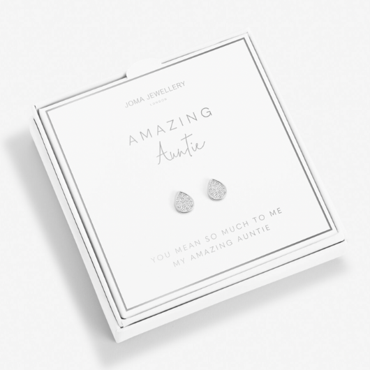 Joma Jewellery A Little Amazing Auntie earrings presented in a white Beautifully Boxed gift box with sparkling silver pavé studs.