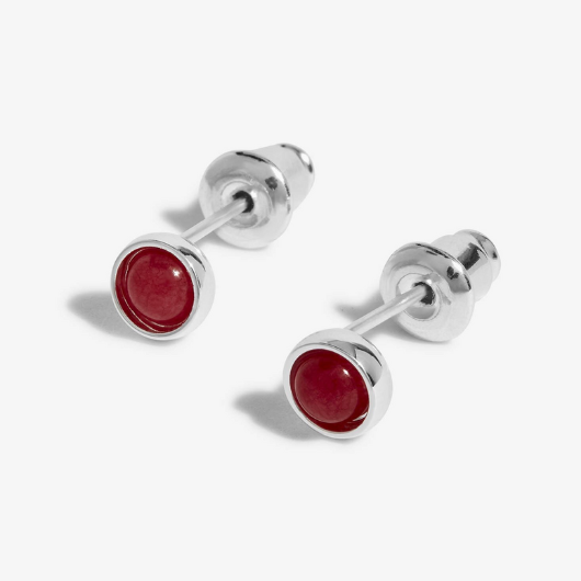 Close-up of Garnet January Birthstone Earrings with sparkling gemstone detail and personality traits card.