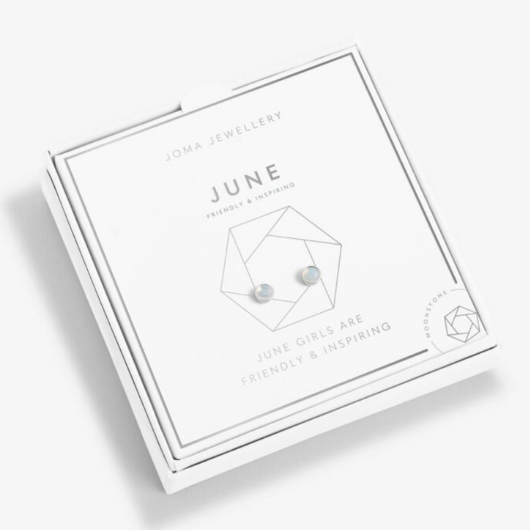 June Birthstone Earrings – silver-plated design with Moonstone gemstones in white gift box.