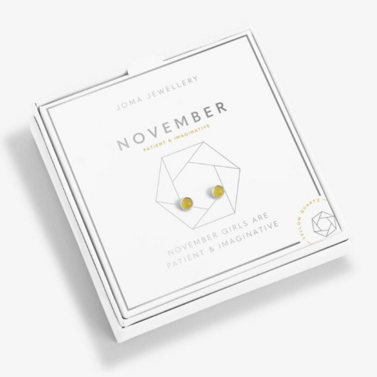 November Birthstone Earrings – silver-plated design with Yellow Quartz gemstones in white gift box.