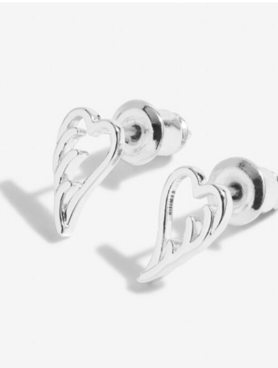 Close-up of Beautifully Boxed A Little ‘Guardian Angel’ Earrings with butterfly backs and angel-wing design.
