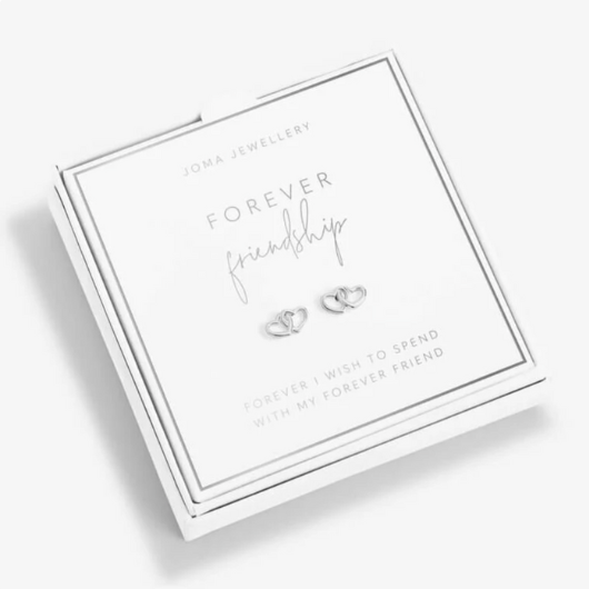 oma Jewellery Forever Friendship Earrings – silver-plated interlocked hearts in branded gift box.