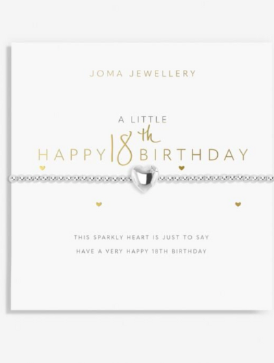 A Little Happy 18th Birthday Bracelet – silver-plated heart charm on stretch design with sentiment card.