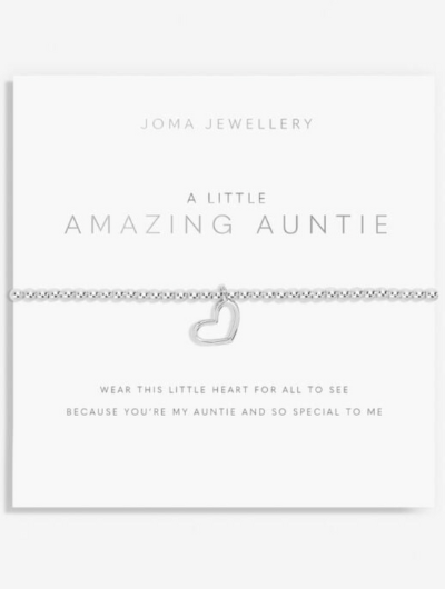 A Little Amazing Auntie Bracelet – silver-plated heart charm on stretch design with sentiment card.