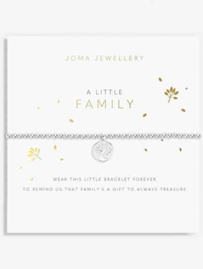 A Little Family Bracelet – silver-plated circular charm with cut-out tree design on stretch bracelet.