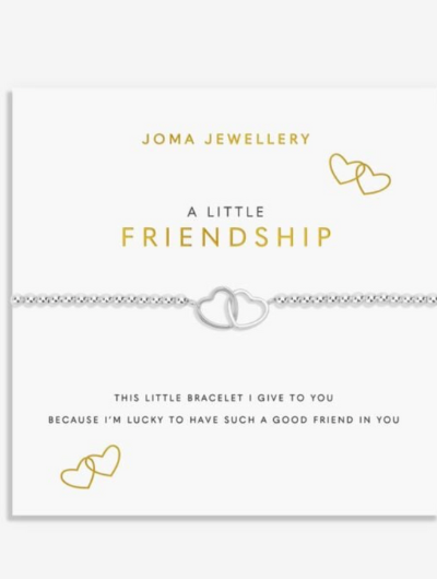 Joma Jewellery A Little Friendship silver-plated bracelet with interlinked double-heart charm on sentiment card.