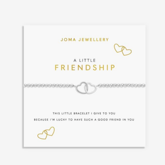 Joma Jewellery A Little Friendship silver-plated bracelet with interlinked double-heart charm on sentiment card.