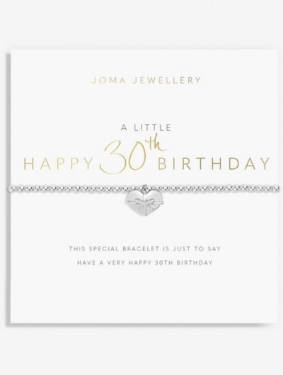 Joma Jewellery A Little Happy 30th Birthday silver-plated bracelet with birthday charm on sentiment card.
